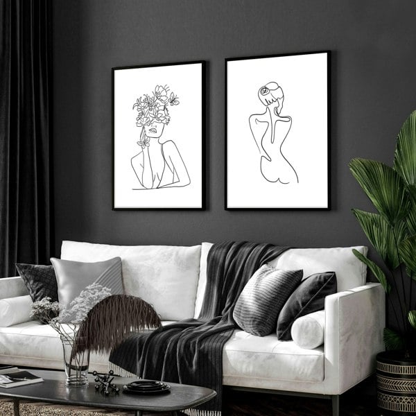 Line drawings art | Set of 2 Feminine wall art for living room