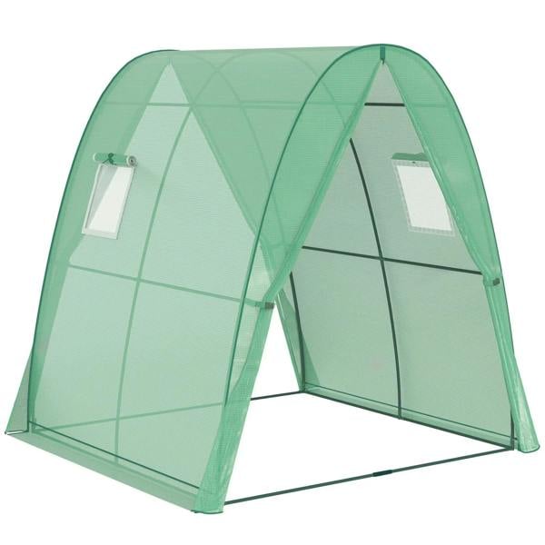 Green tunnel greenhouse with mesh panels, curved frame, open double-door entry