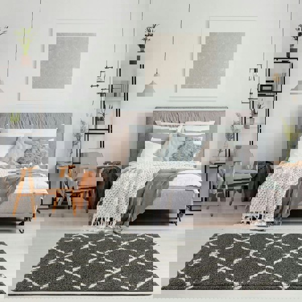 Diamond Design Thick Shaggy Area Rugs Dark Grey