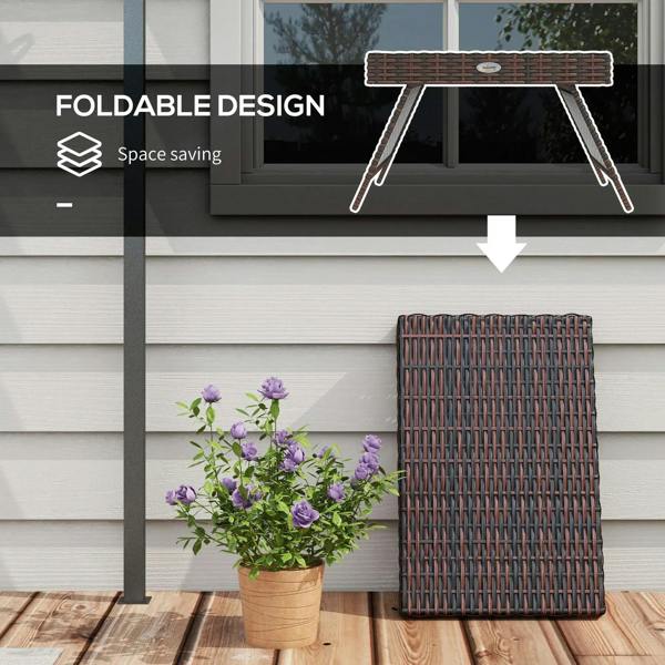 Brown rattan foldable side table with compact fold design and metal legs