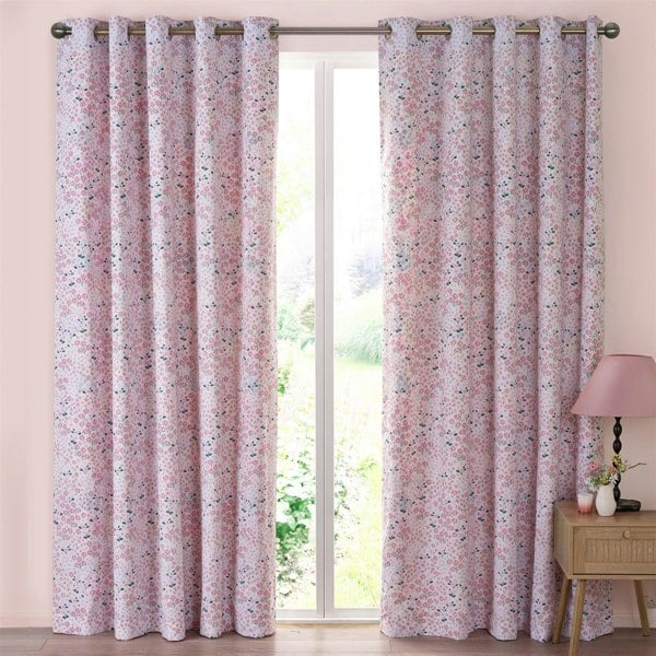 Catherine Lansfield Tilly Floral Pink Fully Lined Ready Made Eyelet Curtains