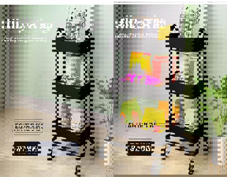 Levede 3 Tiers Kitchen Trolley Cart Steel Storage Rack Shelf Organiser Black