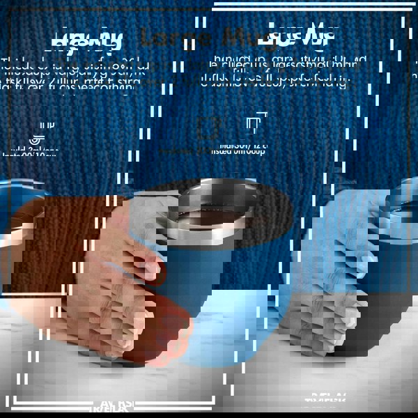 A hand holds a blue insulated 300ml mug containing a beverage against a blue sweater background. Text: Large Mug The included cup is a large satisfying 300ml and the flask fills over 2 full cups perfect for sharing Insulated 300ml/10oz cup TRAVEL FLASK