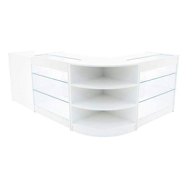 Curved white LED shop counter set with glass display shelves, featuring sleek design and modern aesthetic for retail spaces