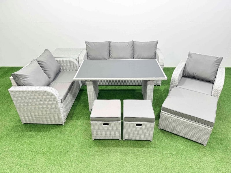 Fimous Rattan Outdoor Table Reclining Chair Sofa Set with Side Table 3 Stools Light Grey 9 Seater