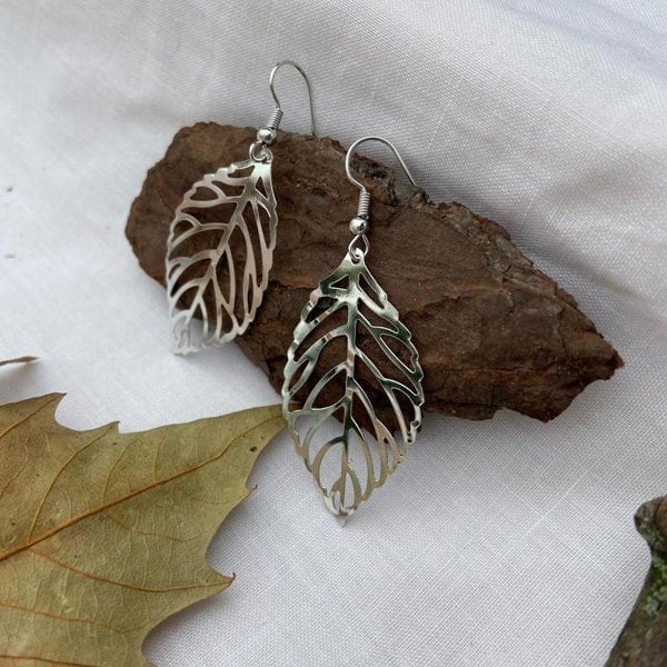 The Colourful Aura Silver Gold Large Slim Tree Nature Filigree Leaf Dangle Drop Earrings