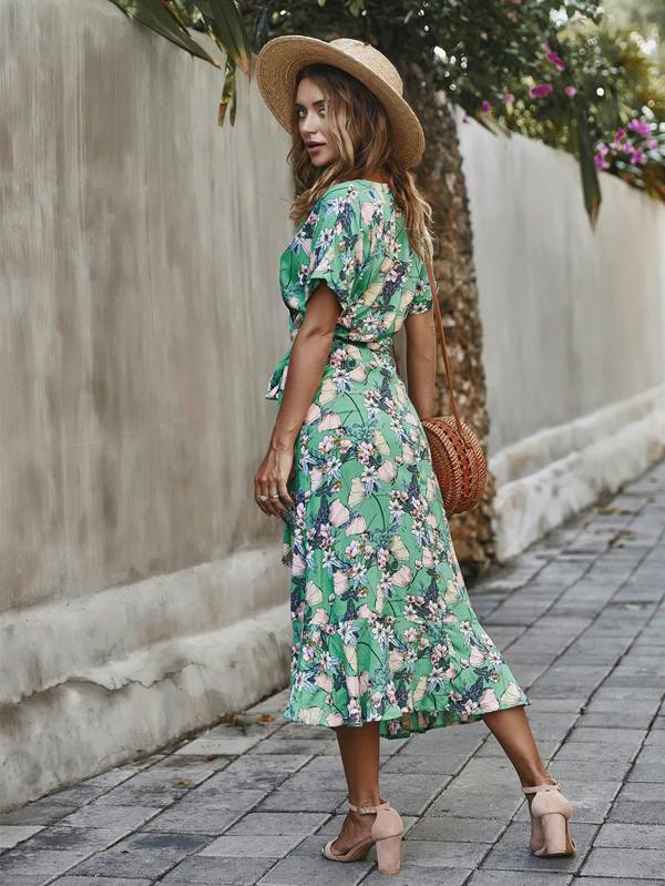 FS Collection Summer Wrap Midi Dress In Mint Floral Print