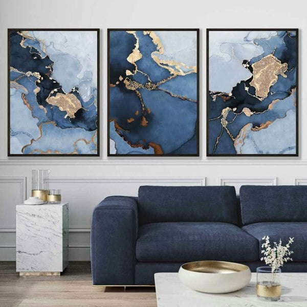 Artze Wall Art Framed Set of 3 Abstract Art Prints of Paintings Navy Blue and Gold