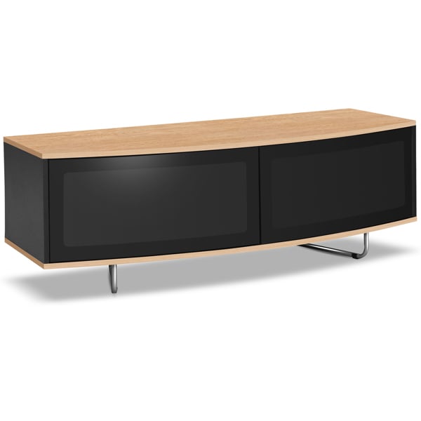 Centurion Supports Caru Gloss Black and Oak Beam-Thru Remote Friendly Super-Contemporary "D" Shape Design 32"-65" LED/OLED/LCD TV Cabinet