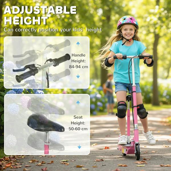Pink electric scooter with adjustable height handlebar and seat