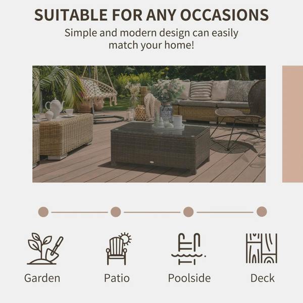 Brown PE rattan coffee table with clear glass top for garden and deck.