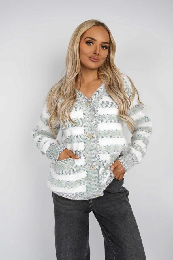 Mirla Striped Button Front Knitted Cardigan - Blue