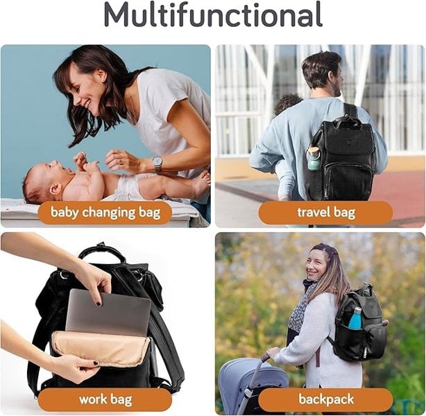 Baby Uma Award Winning Baby Changing Bag Backpack- Black Leather