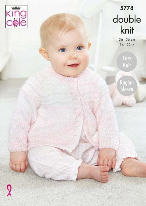 King Cole Baby Pure DK Knitting Pattern 5778, Cardigans, Sweaters for Baby, 14 -22 Inches - Easy