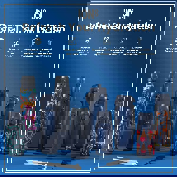 Several ION8 water bottles, in various sizes and designs, are displayed on a blue background. Accessories are shown alongside. The text reads: "ION8 Refresh Your Hydration Choose from 3 different materials Sizes to suit any user Hundreds of designs to choose from Shop our wide range of accessories".