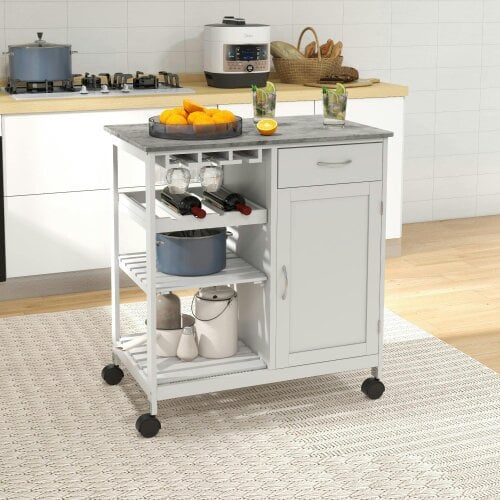 Wyld Haus Sohavi Wooden White Compact Kitchen Trolley With Wine Rack Drawer And Open Shelving