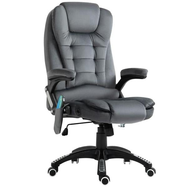 Grey massage recliner office chair with padded headrest, armrests, and swivel base