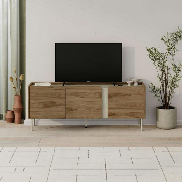 Decortie Modern 140cm TV Stand Unit Up to 50" TVs, 3 Soft-Close Door, 5 Storage Cabinet Shelves, Metal Legs