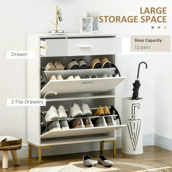 White shoe storage cabinet with open flip drawers for multiple shoe pairs