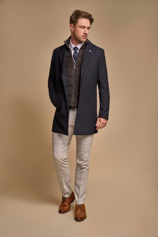 Sanford navy overcoat front full lengh view