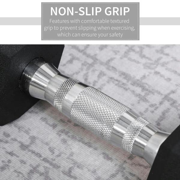 Black hex rubber dumbbell end with chrome knurled handle, non-slip grip texture