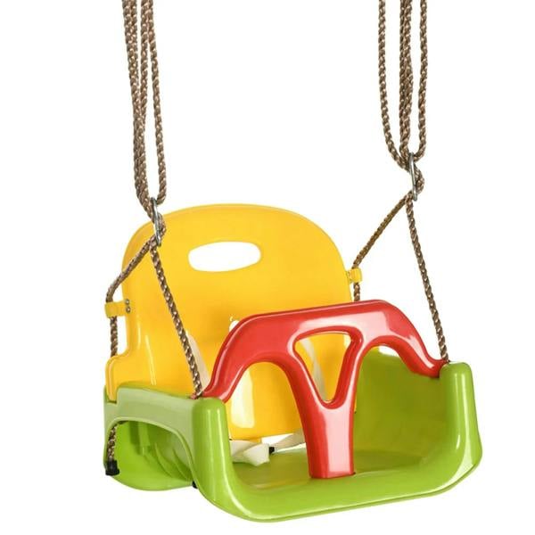 Green and yellow kids swing seat with red front bar and hanging rope loops