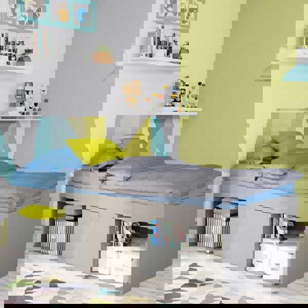 Bed frame in a modernly decorated bedroom.