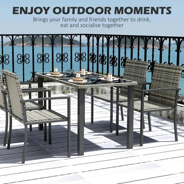 Outdoor dining table with tempered-glass top and 4 grey woven chairs in rows
