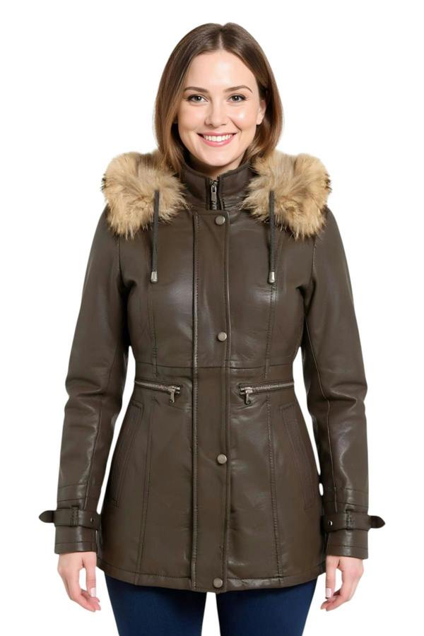 Infinity Leather Womens Leather Hooded Parka Jacket-Putian