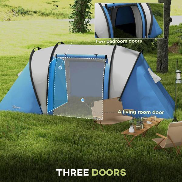 Blue dome camping tent showing side doors and front living room entry opening