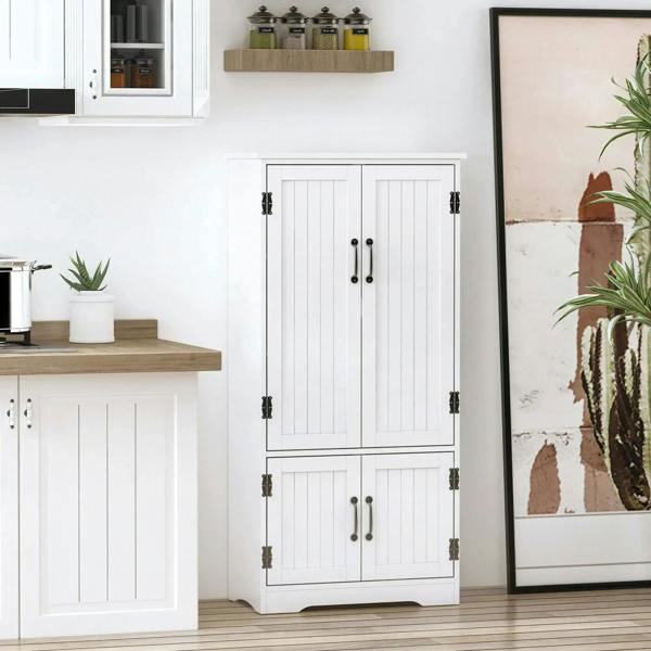 White floor storage cabinet with paneled double doors and black pull handles