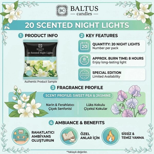Baltus Sweet Pea & Jasmine Scented Tealight Candles, Pack of 20