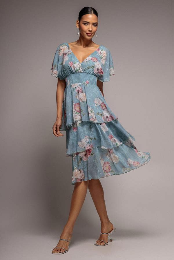 Layered Floral Midi With Flutter Sleeves - Airforce Blue DR3219
