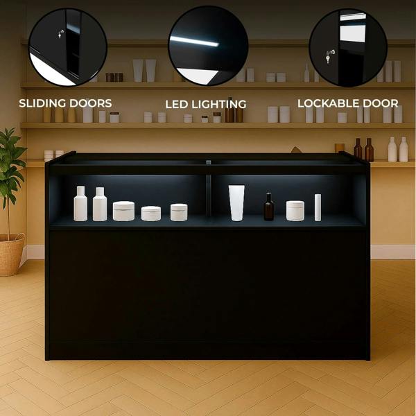 Black LED retail shop counter B1500 featuring sliding doors, lockable design, and illuminated shelves showcasing various products