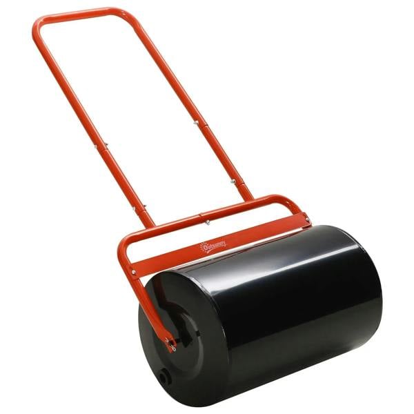 Red steel fillable lawn roller with black cylindrical drum and U-shaped handle frame