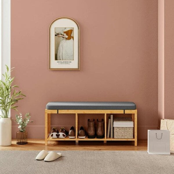 Bamboo Shoe Bench, Entryway Storage Bench with Padded Cushion and Open Shelf, Natural Wood Finish