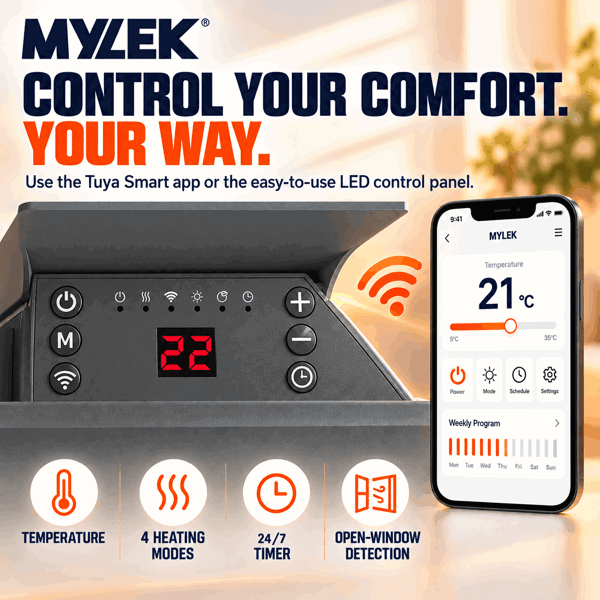 MYLEK Electric Radiator Panel Heater Grey WIFI Smart APP Eco 1500W Bathroom Safe Wall Mounted Timer Thermostat