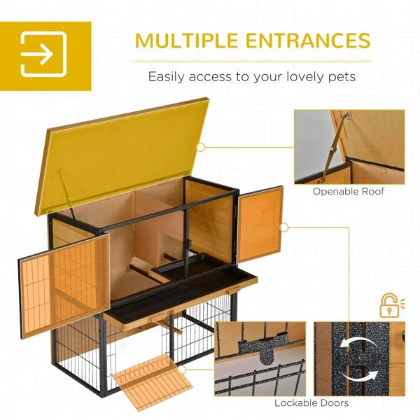 Light yellow rabbit hutch with open roof and multiple entrance doors on black metal frame.