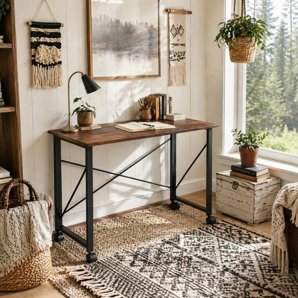Wyld Haus Maco 80cm Wooden Rustic Brown Folding Desk On Lockable Wheels