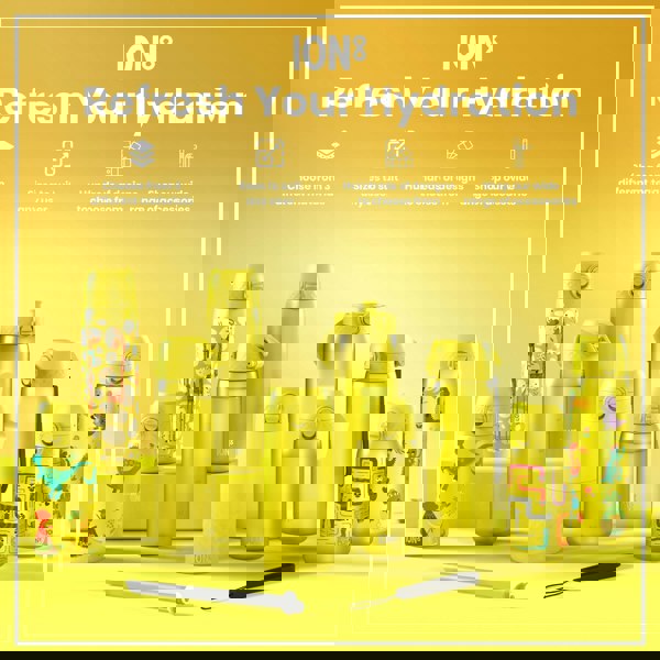 Several yellow ION8 water bottles, various sizes and designs, are displayed on a yellow background. Accessories are also shown. Refresh Your Hydration. Choose from 3 different materials. Sizes to suit any user. Hundreds of designs to choose from. Shop our wide range of accessories.