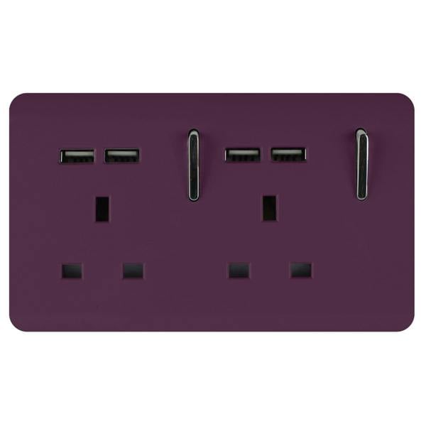 Trendi Switch 2 Gang 4 Port USB 2100mA Plug Socket in Plum Purple