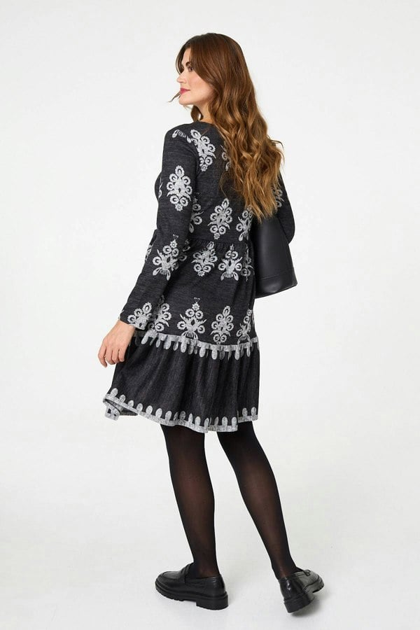Grey | Printed Knee Length Long Sleeve Dress
