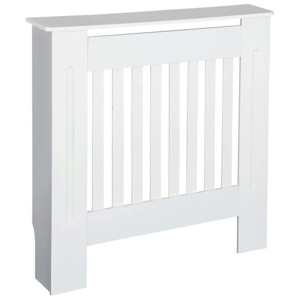 White slatted radiator cover cabinet with open front frame and vertical vent slats