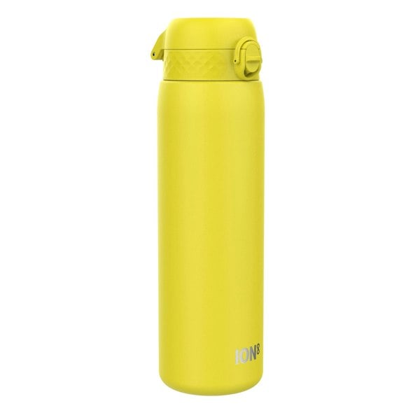 A yellow water bottle stands upright against a white background. The bottle has a screw-on lid and the word "ION8" is printed on its side.