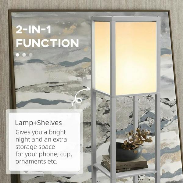 Light grey lamp column with two rectangular shades and built-in shelf for decor