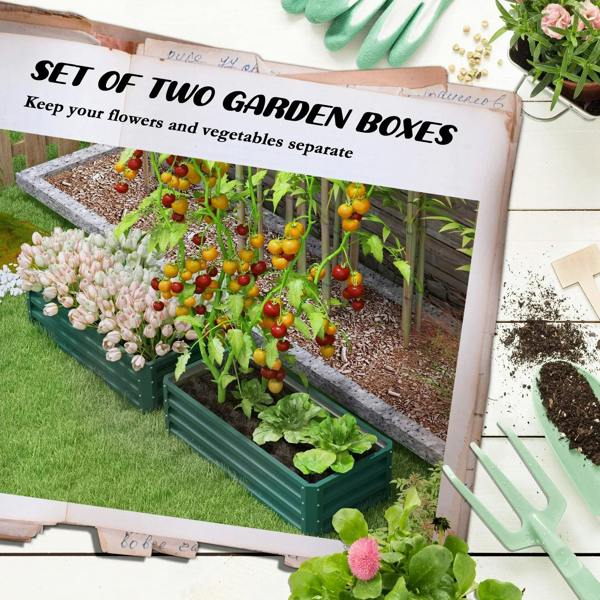 Green steel planter box set in packaging, showing two raised garden beds on grass