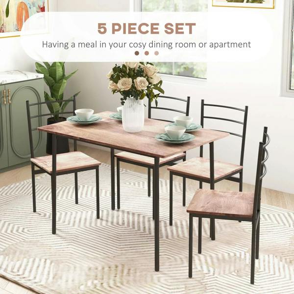 Dining table and 4 chairs set with black steel frames and wood-look rectangular top