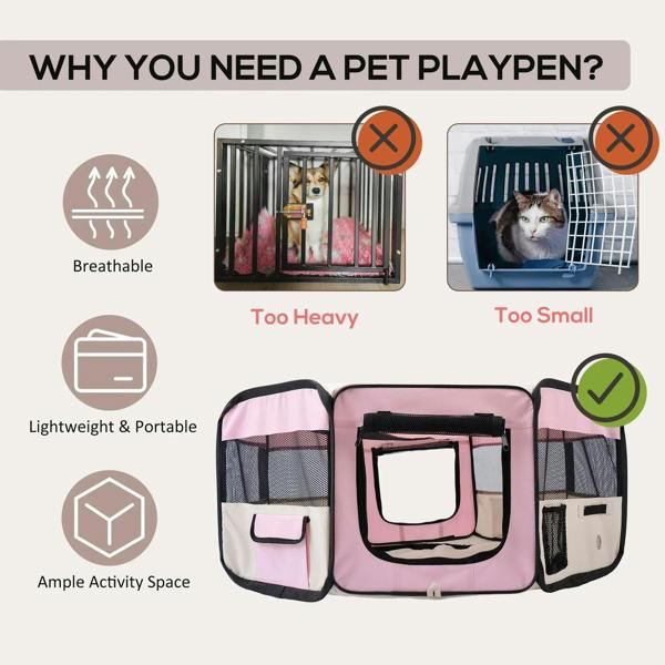 Pink pet playpen with mesh activity panels and zippered door, feature layout view