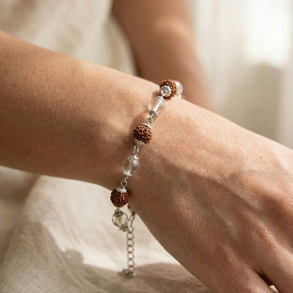 The Colourful Aura Rudraksha & Crystal Quartz Bracelet | Silver Plated