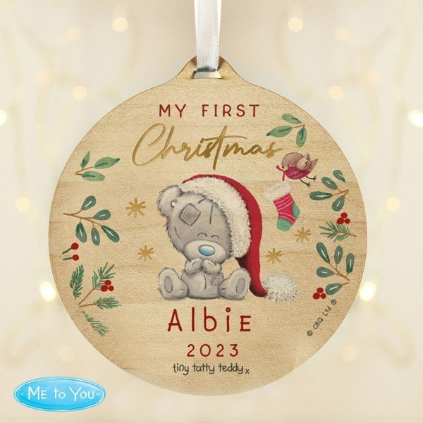 Personalised Memento Company Personalised First Christmas Tiny Tatty Teddy Round Wooden Decoration